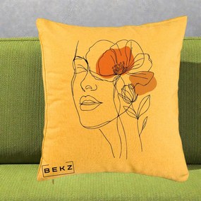 Perna Decorativa Portret Feminin Mac Profilat, 40x40 cm, Galben, Husa Detasabila, Perna Inclusa, BEKZ®