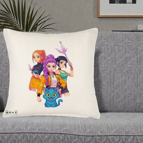 Perna Personalizata K-pop HUNTRX Trio cu Pisica si Cristale, 40x40 cm, Crem Reliefat, Husa Detasabila, Perna Inclusa, BEKZ®