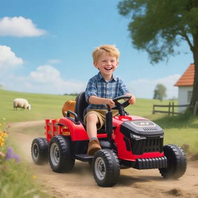 AIYAPLAY 2 în 1 Tractor Electric pentru Copii 3-8 Ani cu Remorcă Detașabilă, Telecomandă, Muzică, Lumini, Roșu | Aosom Romania