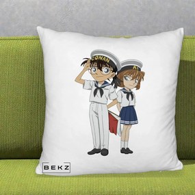 Perna Personalizata Detective Conan Conan si Ai Sailor, 40x40 cm, Alb Pufos, Husa Detasabila, Perna Inclusa, BEKZ®