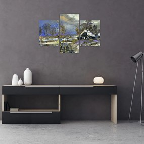 Tablou -Cabane într-un peisaj de iarnă, pictură în ulei (90x60 cm)