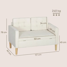 HOMCOM Canapea cu două locuri cu spațiu de depozitare, capitonare cu nasturi, perne, lemn de cauciuc, 117x62x78cm, alb crem | Aosom Romania