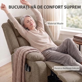 HOMCOM Fotoliu electric cu ridicare asistată, reclinabil 150°, șezut lat, cu masaj și încălzire, catifea, maro deschis | Aosom Romania
