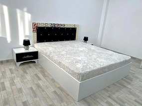 Set pat tapitat Palermo, culoare alb / negru, cu 2 noptiere Viena si saltea superortopedica lux 160 x 200 cm