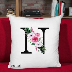 Cadou Personalizat - Perna Personalizata Monograma Florala Litera N, 40x40 cm, Alb Pufos, Husa Detasabila, Perna Inclusa, BEKZ®
