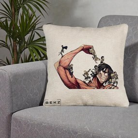 Perna Personalizata Attack on Titan Eren Titan Grup, 40x40 cm, Bej Canapea, Husa Detasabila, Perna Inclusa, BEKZ®