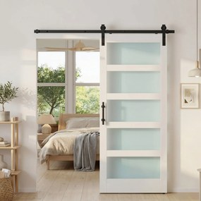 HOMCOM Ușă Glisantă 91.4x213.4cm cu Kit, Panouri din Sticlă, Aspect Lemn Alb | Aosom Romania