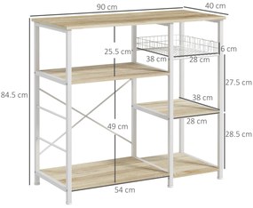 Raft de Bucatarie Cuptor cu Microunde, Dulap de Bucatarie cu 4 Rafturi cu Carlige si Cos Plasa, Lemn si Otel 90x40x84.5cm HOMCOM | Aosom RO