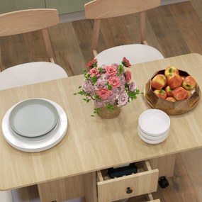 HOMCOM Masă de Bucătărie Pliabilă, Masă Rabatabilă cu Roți și Frâne pentru 6 Persoane, Birou Pliabil cu 2 Sertare și Dulap, pentru Living, 120x60x76.5 cm, Lemn Natural | Aosom Romania