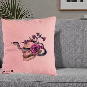 Perna Decorativa Craniu cu Sarpe si Trandafiri Gothic, 40x40 cm, Roz, Husa Detasabila, Perna Inclusa, BEKZ®