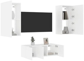 3216818 vidaXL Unități de perete TV cu LED-uri, 4 piese, alb, lemn prelucrat