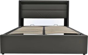 Pat dublu cu ladă de depozitare, cu LED și telecomandă, structură tapițată 140x200 cm, Gri