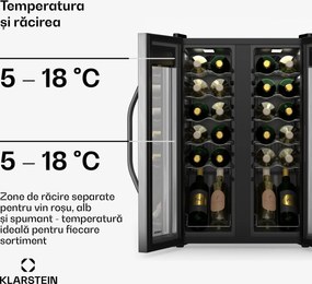 Klarstein Vinamour frigider pentru vinuri, 2 zone de răcire, 7 rafturi, control tactil, protecție UV