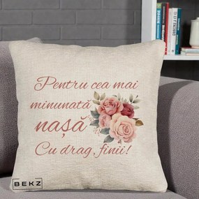 Cadou pentru Nasa - Perna Personalizata Pentru Cea mai Minunata Nasa Cu drag Finii, 40x40 cm, Bej Canapea, Husa Detasabila, Perna Inclusa, BEKZ®