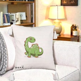 Perna Decorativa Brontosaur Verde Simpatic, 40x40 cm, Bej cu Franjuri, Husa Detasabila, Perna Inclusa, BEKZ®