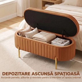 HOMCOM Banchetă Ovală cu Depozitare 72 L, cu Capac Rabatabil, din Material Catifelat și Lemn, 108x44x43,5 cm, Maro Auriu | Aosom Romania