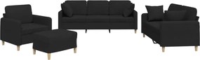 vidaXL Set de canapele cu perne, 4 piese, negru, material textil