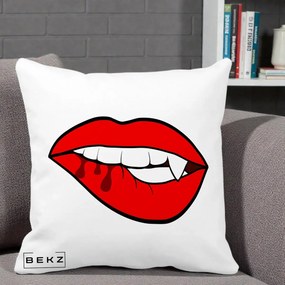Perna Decorativa Vampire Lips Halloween, 40x40 cm, Alba Mata, Husa Detasabila, Perna Inclusa, BEKZ®