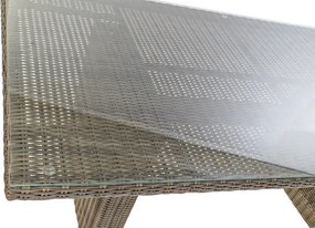 Set dining exterior din metal și sticlă, masă + 5 scaune, polirattan și stofă