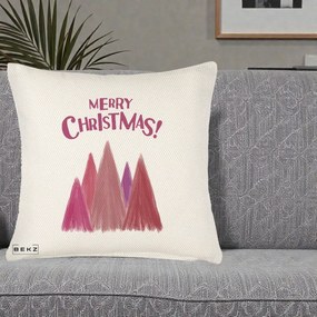 Perna Decorativa Merry Christmas Brazi Roz, 40x40 cm, Crem Reliefat, Husa Detasabila, Perna Inclusa, BEKZ®