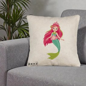Perna Decorativa Sirena Roz cu Coroana, 40x40 cm, Bej Canapea, Husa Detasabila, Perna Inclusa, BEKZ®