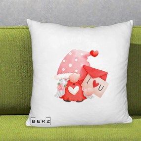 Cadou Romantic - Perna Personalizata I Love You Gnome Valentine cu Scrisoare, 40x40 cm, Alb Pufos, Husa Detasabila, Perna Inclusa, BEKZ®