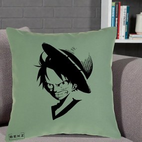 Perna Personalizata One Piece Luffy Silueta Alb-Negru, 40x40 cm, Verde, Husa Detasabila, Perna Inclusa, BEKZ®