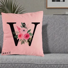 Cadou Personalizat - Perna Personalizata Monograma Florala Litera W cu Trandafiri si Anemona, 40x40 cm, Roz, Husa Detasabila, Perna Inclusa, BEKZ®