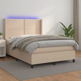 vidaXL Pat cu arcuri, cu saltea și LED cappuccino 140x190 cm piele eco