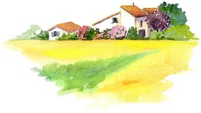 Ilustrație Rural house and yellow field in, zzorik