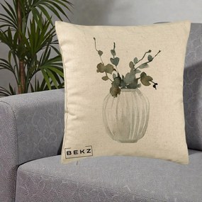 Perna Decorativa Vaza cu Eucalipt Watercolor, 40x40 cm, Bej, Husa Detasabila, Perna Inclusa, BEKZ®