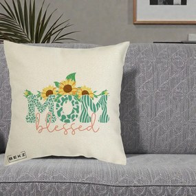 Cadou pentru Mama - Perna Personalizata Mom Blessed cu Floarea Soarelui Animal Print Teal, 40x40 cm, Ecru, Husa Detasabila, Perna Inclusa, BEKZ®