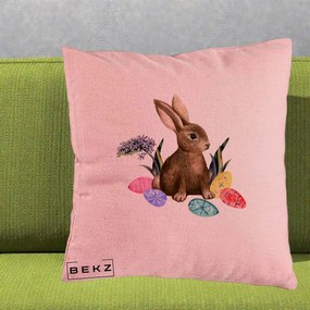 Perna Decorativa Iepuras cu Oua de Pasti Acuarela, 40x40 cm, Roz, Husa Detasabila, Perna Inclusa, BEKZ®