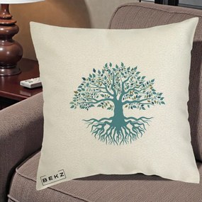 Perna Decorativa Copacul Vietii Teal cu Radacini, 40x40 cm, Ecru, Husa Detasabila, Perna Inclusa, BEKZ®