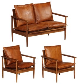 3099031 vidaXL Set canapea, 3 piese, maro, piele naturală/lemn masiv acacia