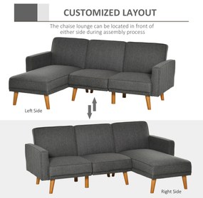 HOMCOM Canapea Extensibila din Tesatura Gri, Canapea Coltar cu 3 Locuri cu Scaun Reversibil si Spatar Reglabil
