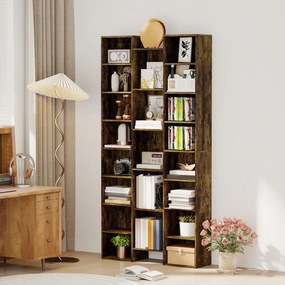 HOMCOM Bibliotecă modernă din lemn înaltă 181 cm cu 21 de compartimente și 10 rafturi reglabile, Maro Rustic | Aosom Romania