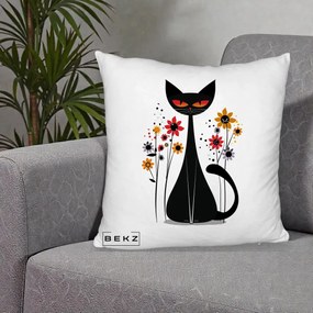 Perna Decorativa Pisica Neagra Ochi Rosii Flori, 40x40 cm, Alb Pufos, Husa Detasabila, Perna Inclusa, BEKZ®