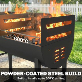 Outsunny Grătar pe cărbune cărucior cu 2 zone de gătit grilă reglabilă pe înălțime raft pentru lemne roți mâner lateral, 103 x 46,5 x 100cm | Aosom Romania