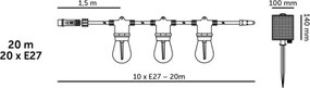 Ghirlandă solară LED dimabilă STARLIGHT NEO 20 x E27 / 3,7 V, 2700 K, IP54, 2400 mAh, 21,5 m + telecomandă