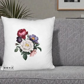Perna Decorativa Buchet Trandafiri Bujori Botanical, 40x40 cm, Alb Pufos, Husa Detasabila, Perna Inclusa, BEKZ®