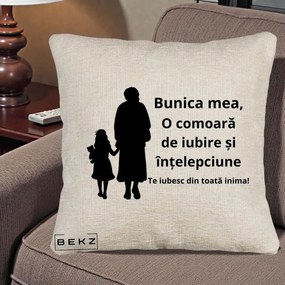 Cadou pentru Bunica - Perna Personalizata Bunica Mea Comoara Iubire Intelepciune Silueta, 40x40 cm, Bej Canapea, Husa Detasabila, Perna Inclusa, BEKZ®