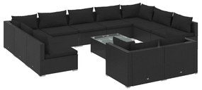 Set mobilier de grădină cu perne, 12 piese, negru, poliratan