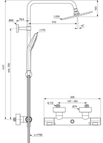 Coloana de dus cu baterie termostatata Ideal Standard Ceratherm T100 crom lucios, palarie patrata