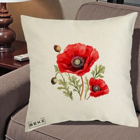 Perna Decorativa Maci Rosii Acuarela, 40x40 cm, Ecru, Husa Detasabila, Perna Inclusa, BEKZ®