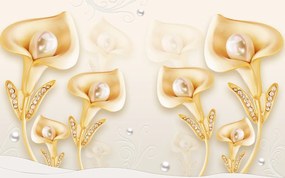 Tapet Premium Canvas - Abstract flori aurii cu perle albe