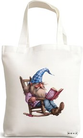 Sacosa de Panza pentru Cumparaturi, Geanta Tote, model The Bookish Gnome 7 38 x 34.5 cm, Alba, BEKZ®