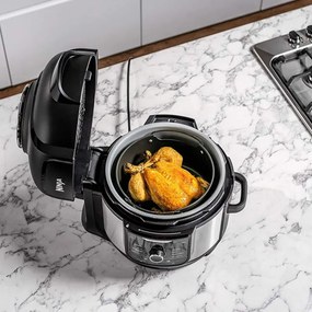 Multicooker sub presiune Ninja Foodi OP350FR, 1400 W, 6 Л, 9 programe, 40-200°C, TenderCrisp®, Acoperire ceramica, Mentinerea caldurii, Pui întreg, Negru/inoxidabil