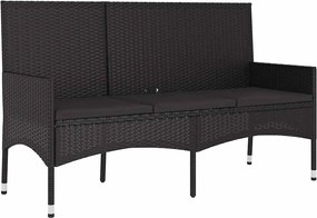 vidaXL Bancă de grădină cu 3 locuri, cu perne, negru, poliratan