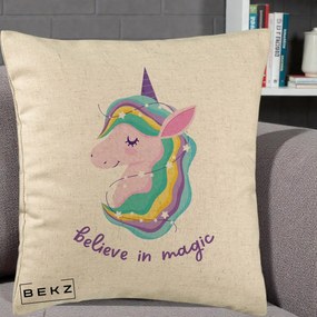Perna Decorativa Unicorn Believe in Magic, 40x40 cm, Bej, Husa Detasabila, Perna Inclusa, BEKZ®